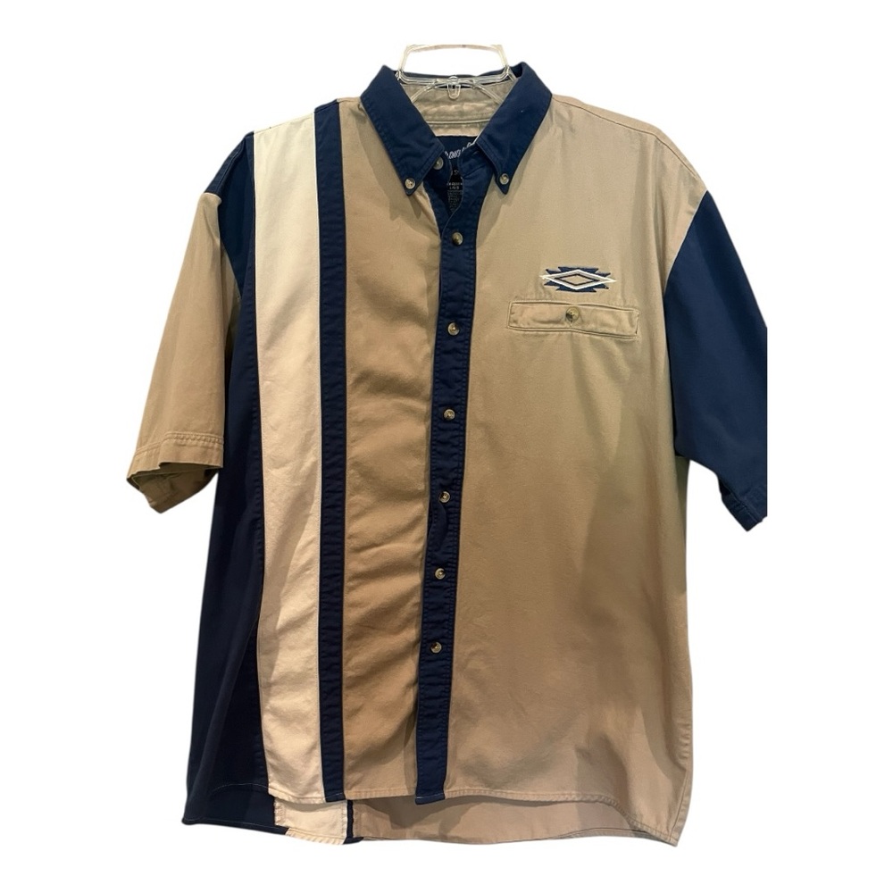 Vintage Wrangler Tan and Navy striped Button Down cotton Shirt  size large